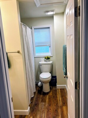 Hair dryer, towels, soap, toilet paper