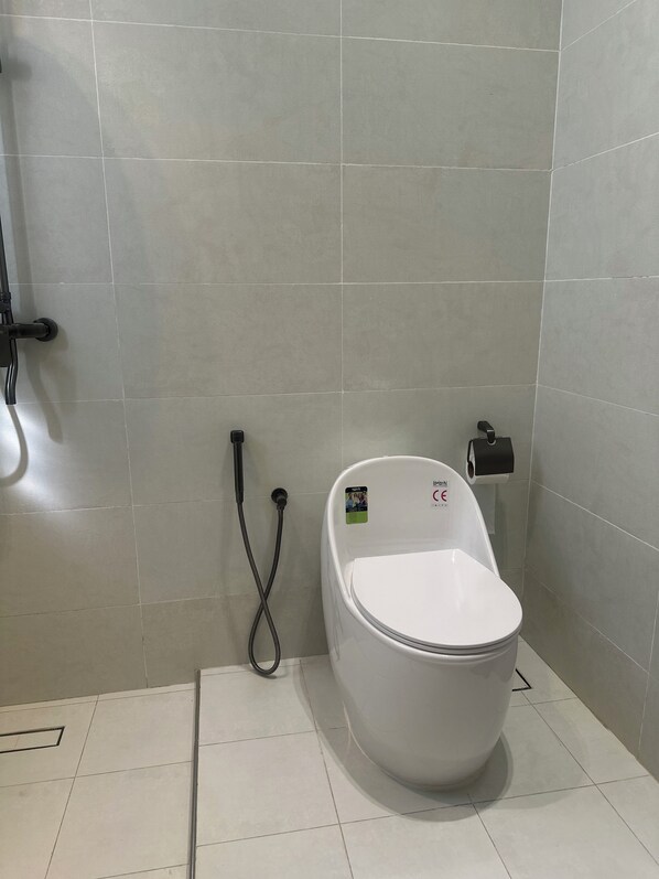 Shower, bidet, towels, soap