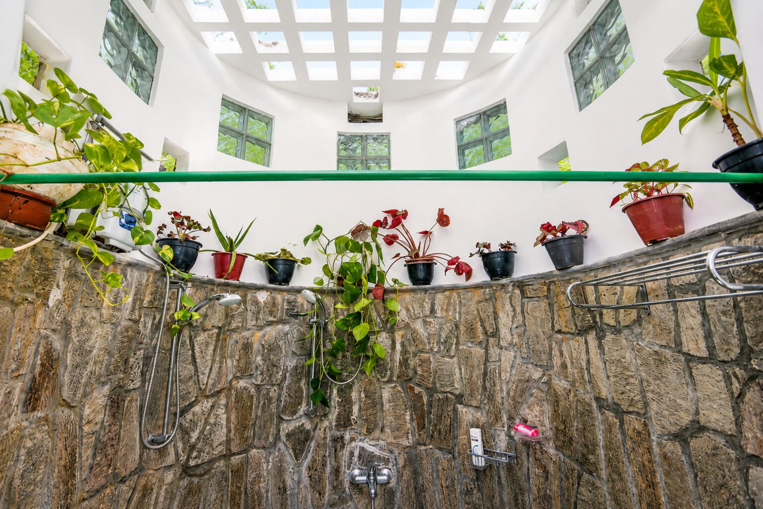 A bathroom with a stone wall, a glass shelf with potted plants, and a skylight.