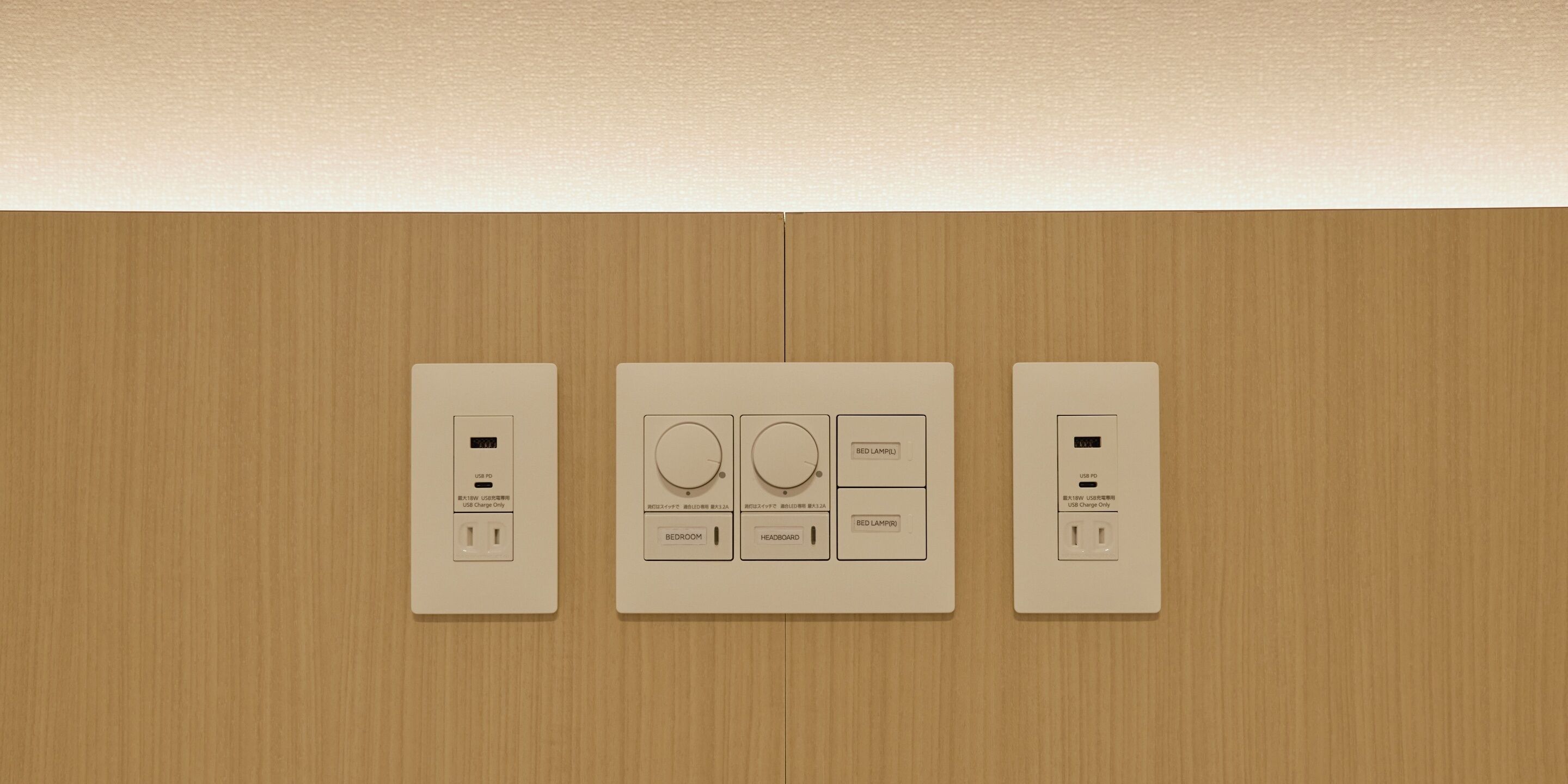 Three wall-mounted switches on a wooden wall, including a USB charging port and a bed lamp control.