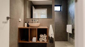 Hair dryer, towels, soap, shampoo