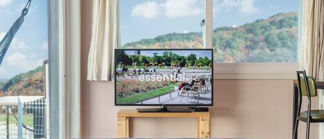 A television on a wooden stand in a room with a large window overlooking a park and hills.