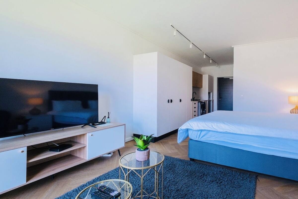 Moderni hotellihuone, jossa on televisio, sänky, pieni pöytä ja pieni keittiö.
