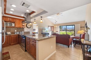 Fridge, microwave, oven, stovetop - Bright Golf View Condo w/ Vaulted Ceilings, Patio Dining, Mtn Views & Community Pool (Palm Desert)