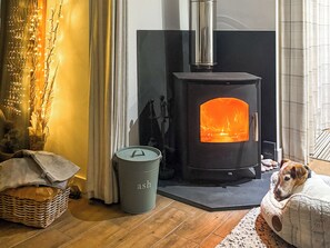Ein gemütlicher Raum mit Kaminofen, Korbwäschekorb, Mülleimer und Hundebett.