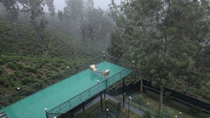 Terraza en la azotea con piso verde, rodeada de árboles y un fondo brumoso.