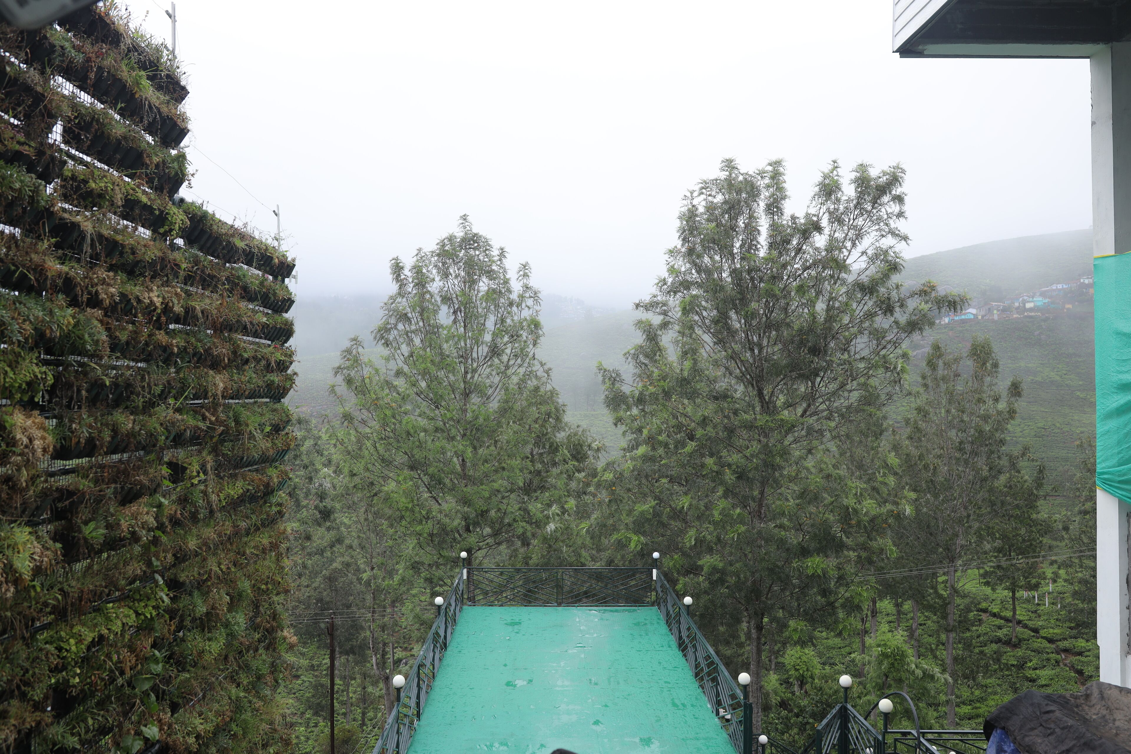 Een groen platform met leuningen en uitzicht op bomen en een mistig landschap.