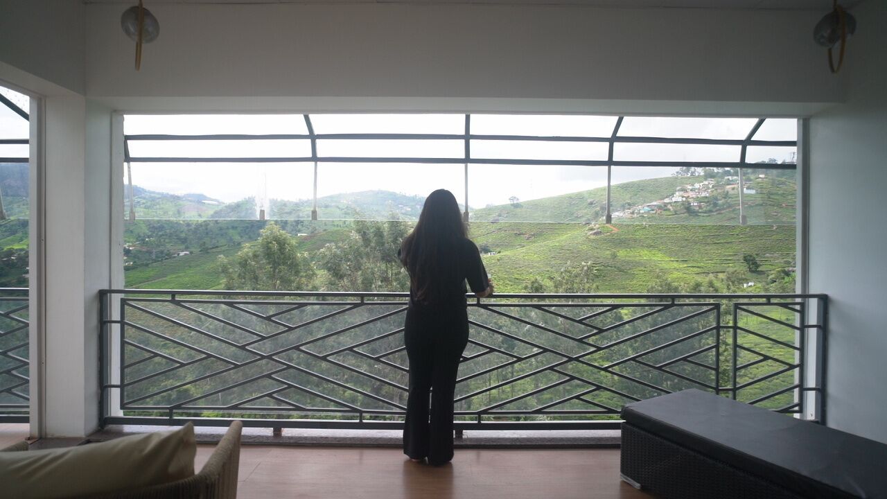 A person standing by a window overlooking a green landscape with hills.