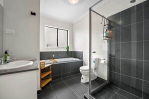 Shower, hair dryer, shampoo