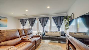 TV, fireplace, books