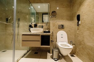 Hair dryer, slippers, towels, soap