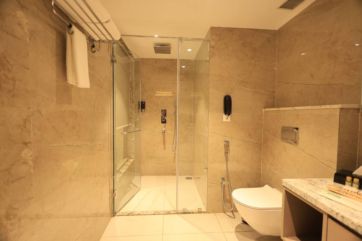 Une salle de bain moderne dotée d’une douche à parois de verre, de toilettes et d’un comptoir en marbre.