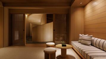 Couples treatment rooms, sauna, hot tub, steam room, hot springs
