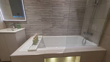 Hair dryer, towels, soap, toilet paper