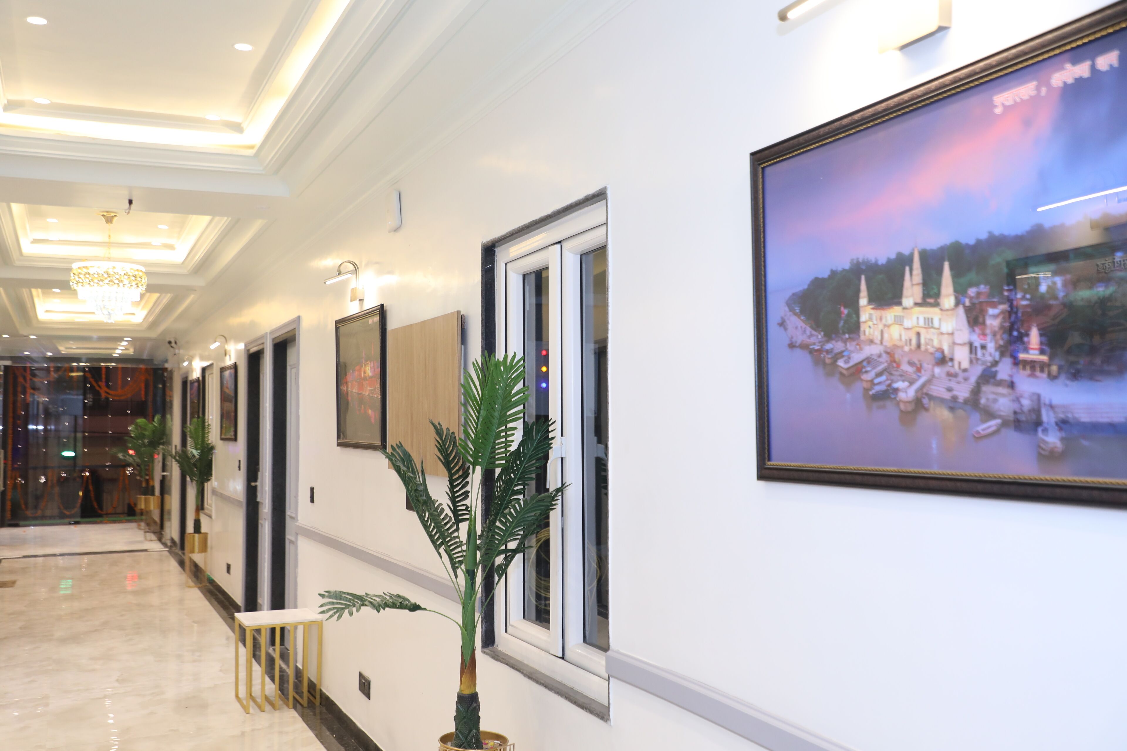 A hallway with framed pictures on the walls, a chandelier, and potted plants.