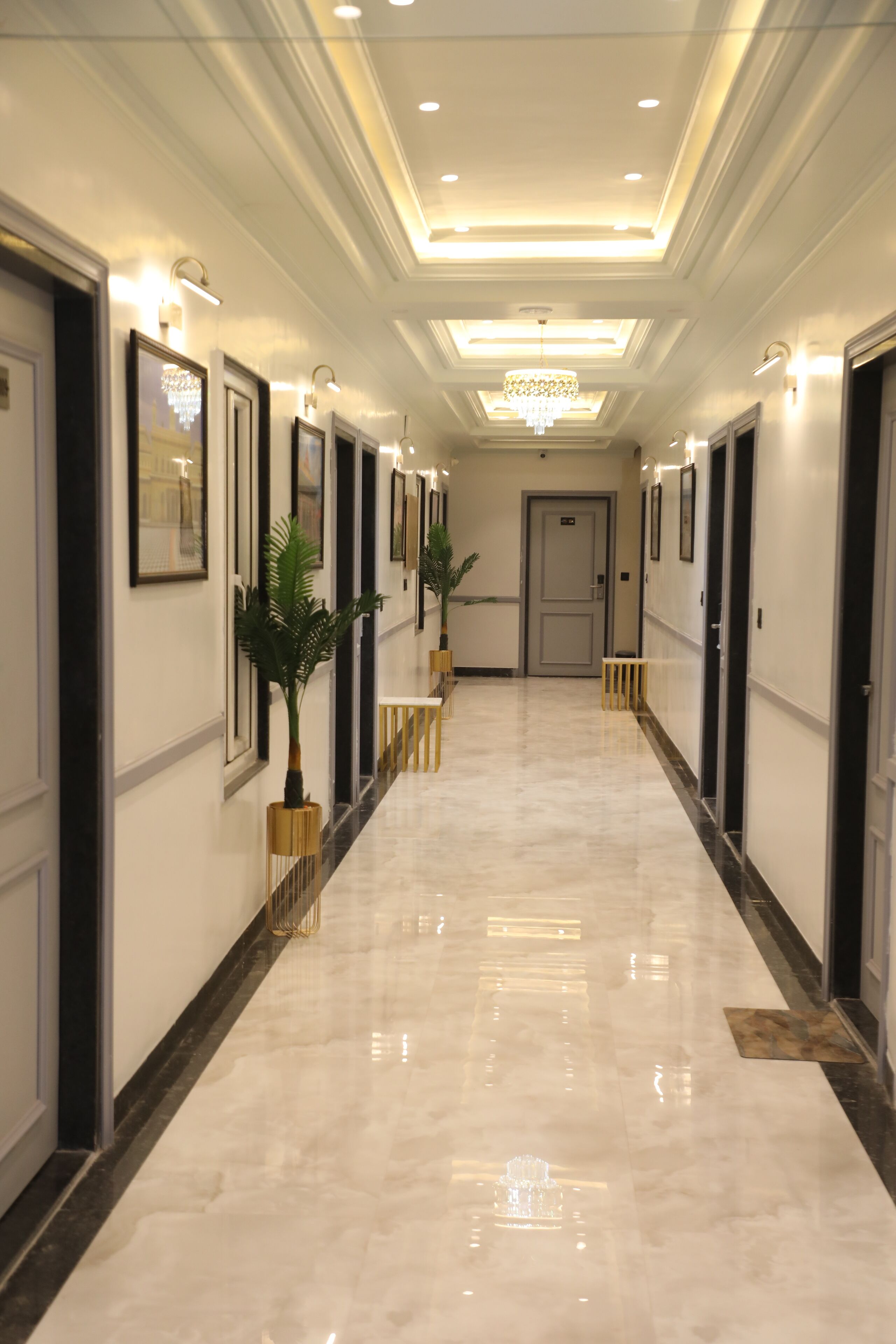 A hallway with a marble floor, framed artwork, and potted plants.