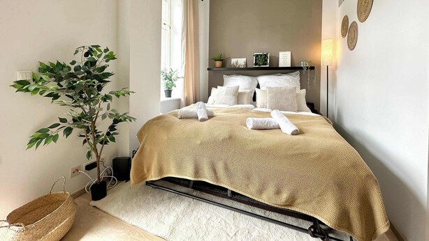 Une chambre à coucher avec un lit, une plante en pot, une table de chevet et une fenêtre.