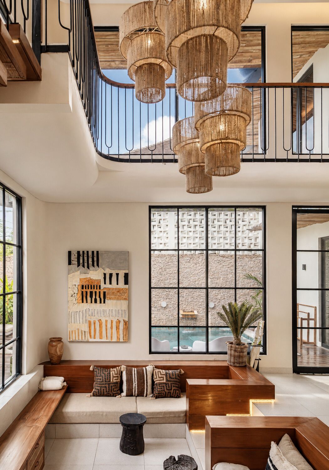 Amplia sala de estar con techo alto, un ventanal con vista a una piscina, un banco de madera y una lámpara moderna.