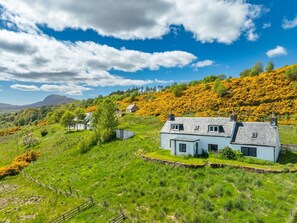 Ländliche Landschaft mit einem Haus, umgeben von üppigem Grün und einem Hügel mit gelben Blumen.