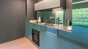 Une cuisine moderne dotée d’un four encastré, d’un évier et d’une fenêtre donnant sur un jardin.