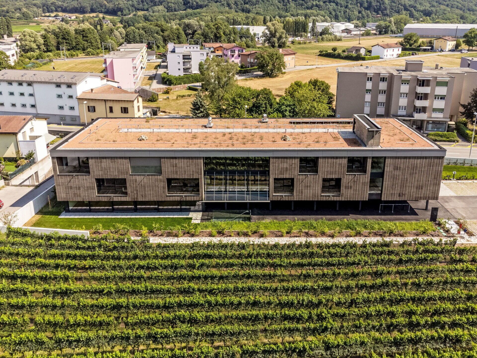 Een modern gebouw met een plat dak, grote ramen en een terras op het dak.