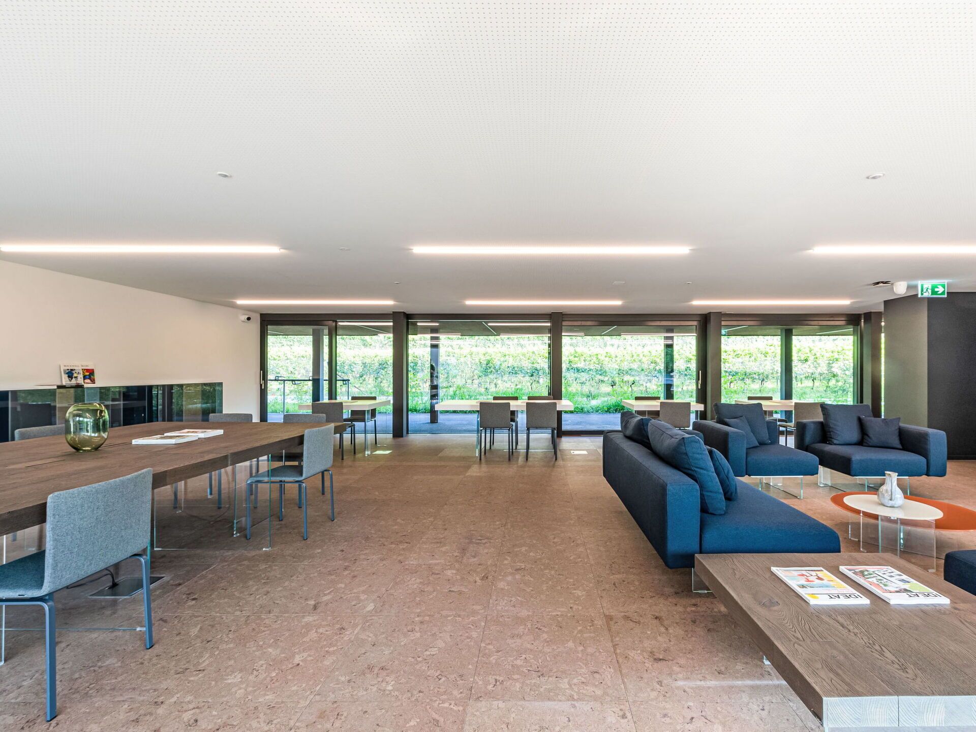 A spacious, modern lounge area with a long wooden table, several sofas, and chairs. Large windows provide a view of greenery outside.
