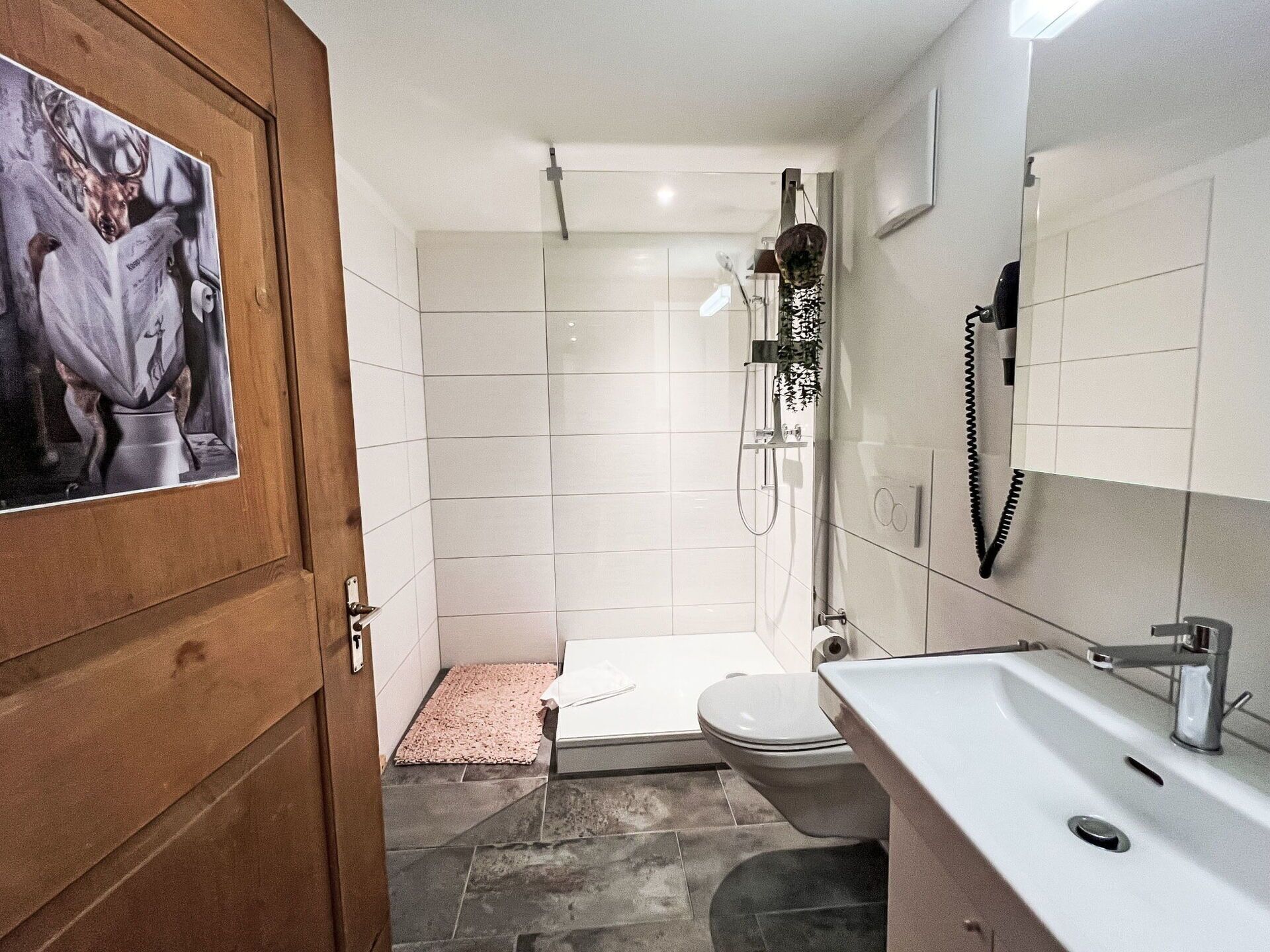Een badkamer met douche, toilet en wastafel.