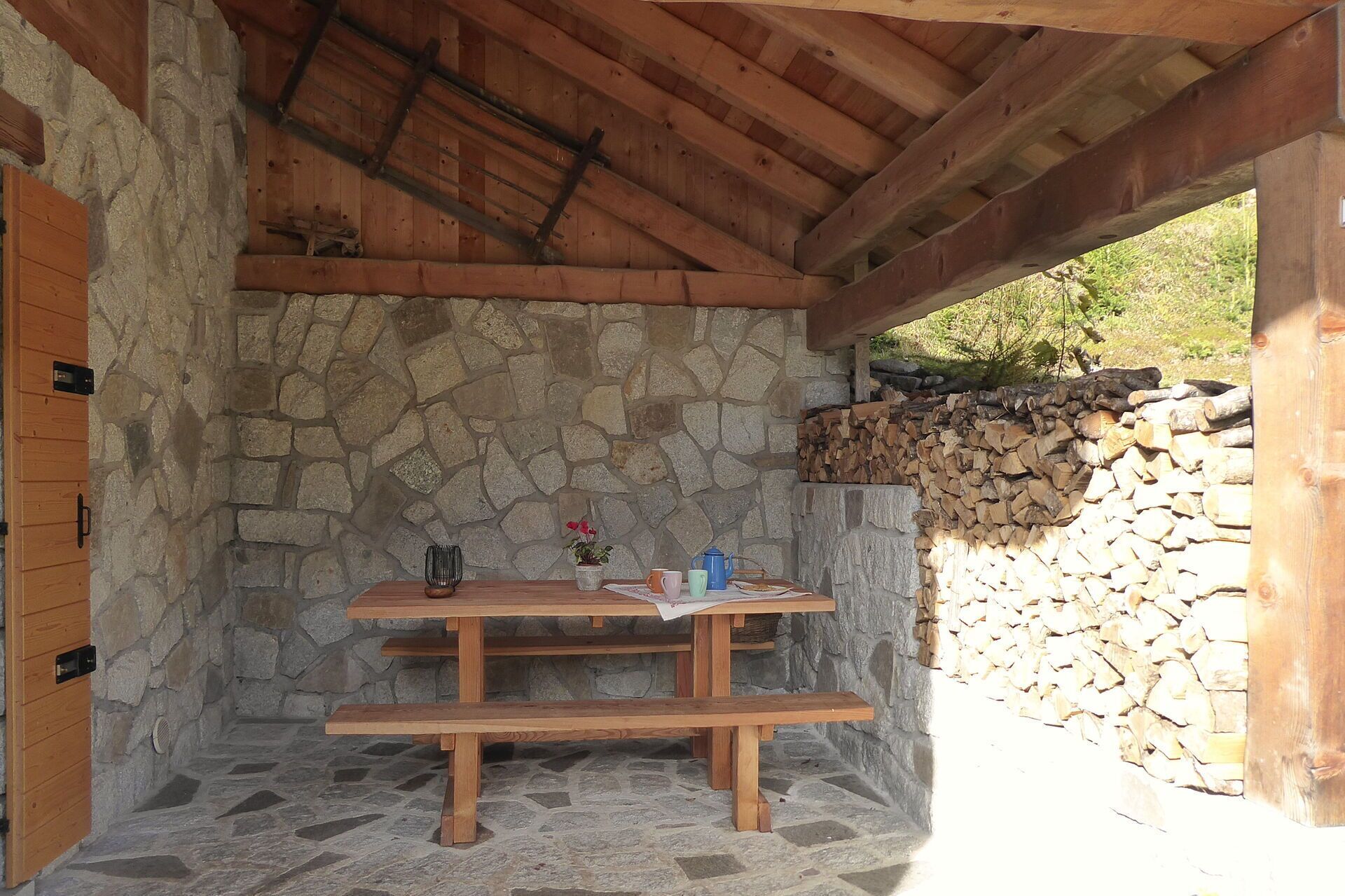A stone-walled outdoor area with a wooden table and benches, a stone fireplace, and a log stack.