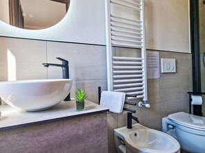 A modern bathroom with a large white sink, a small potted plant, a towel rack, a toilet, and a mirror. - Wonderful private villa for 9 guests with WIFI, TV, terrace and pets allowed (Capannori)