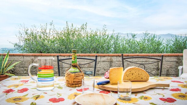 Een gedekte tafel met een karaf, een fles, kaas, brood en een bord, op een tafelkleed met bloemenprint, met uitzicht op een weelderige tuin en bergen.