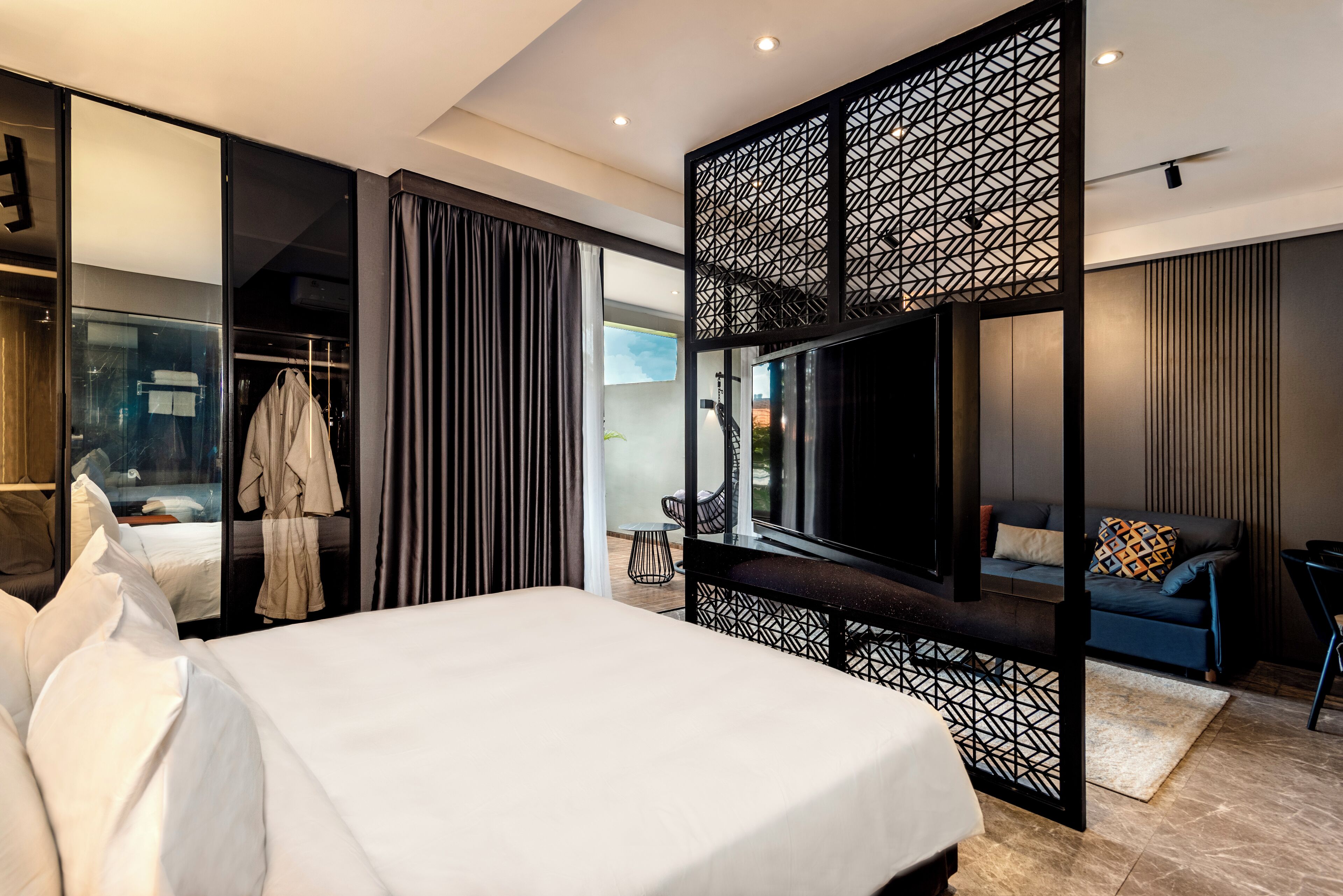 Premium bedding, pillow-top beds, desk, laptop workspace