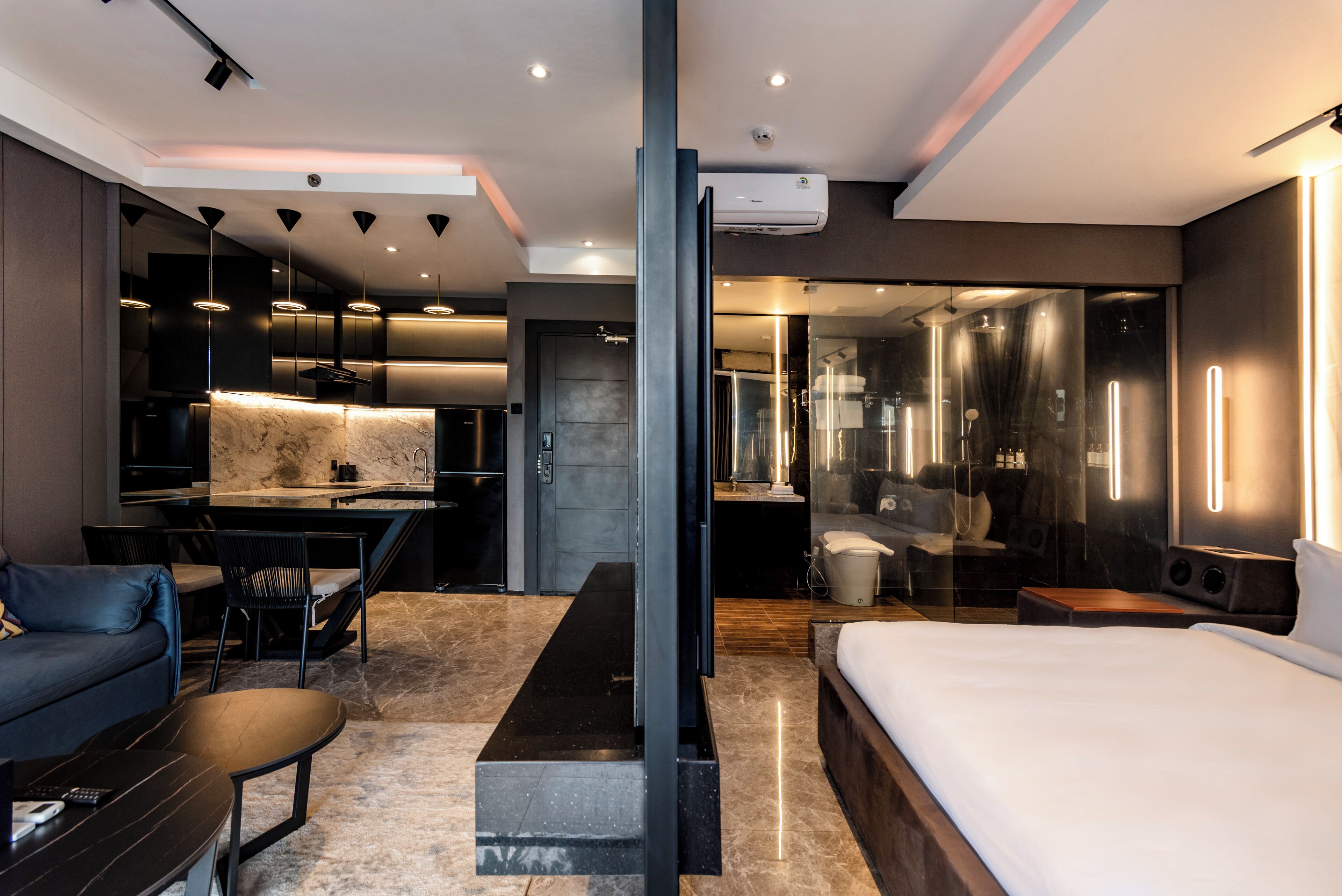 Premium bedding, pillow-top beds, desk, laptop workspace