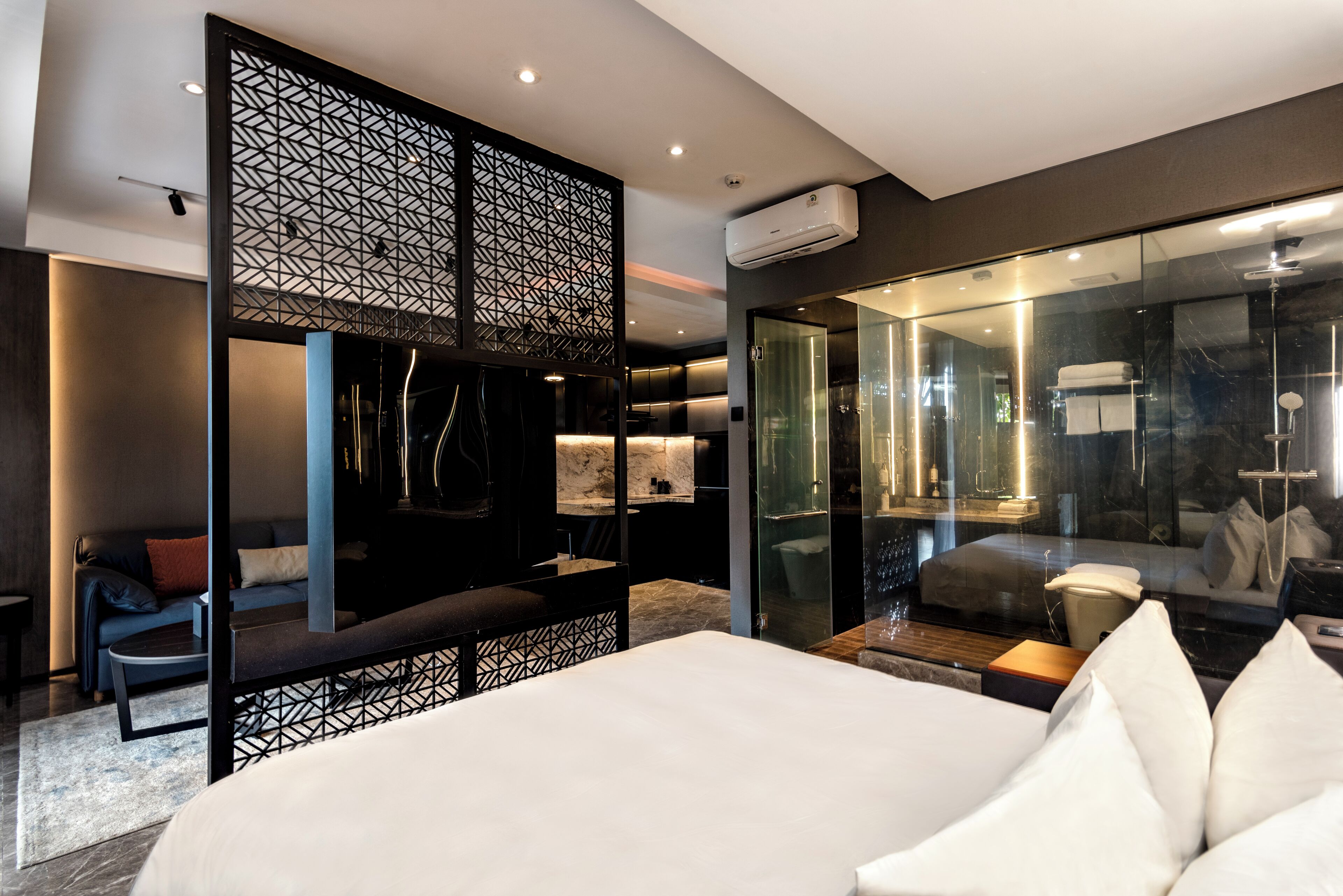 Premium bedding, pillow-top beds, desk, laptop workspace