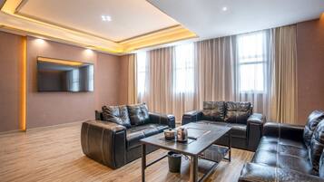 Desk, laptop workspace, blackout curtains, iron/ironing board