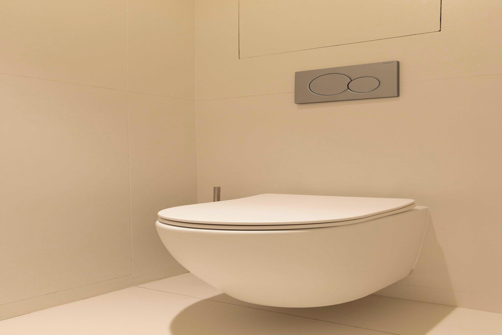 Des toilettes modernes, fixées au mur, dans une salle de bain au style minimaliste, avec une palette de couleurs sobres et blanches.