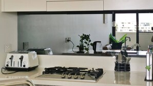 Une cuisine moderne équipée d’une cuisinière à gaz, d’un grille-pain et d’une plante en pot posée sur le plan de travail.