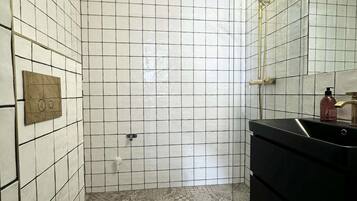 Shower, hair dryer, towels, shampoo