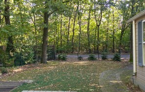 Ein Weg führt zu einem Haus, umgeben von einem bewaldeten Gebiet.
