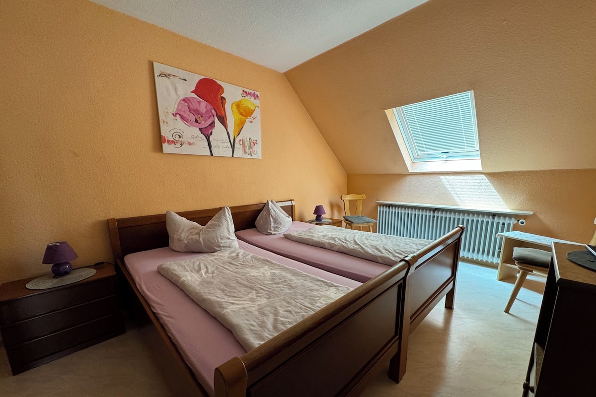 Ett sovrum med två sängar, ett skrivbord, en stol, ett element och en tavla på väggen.