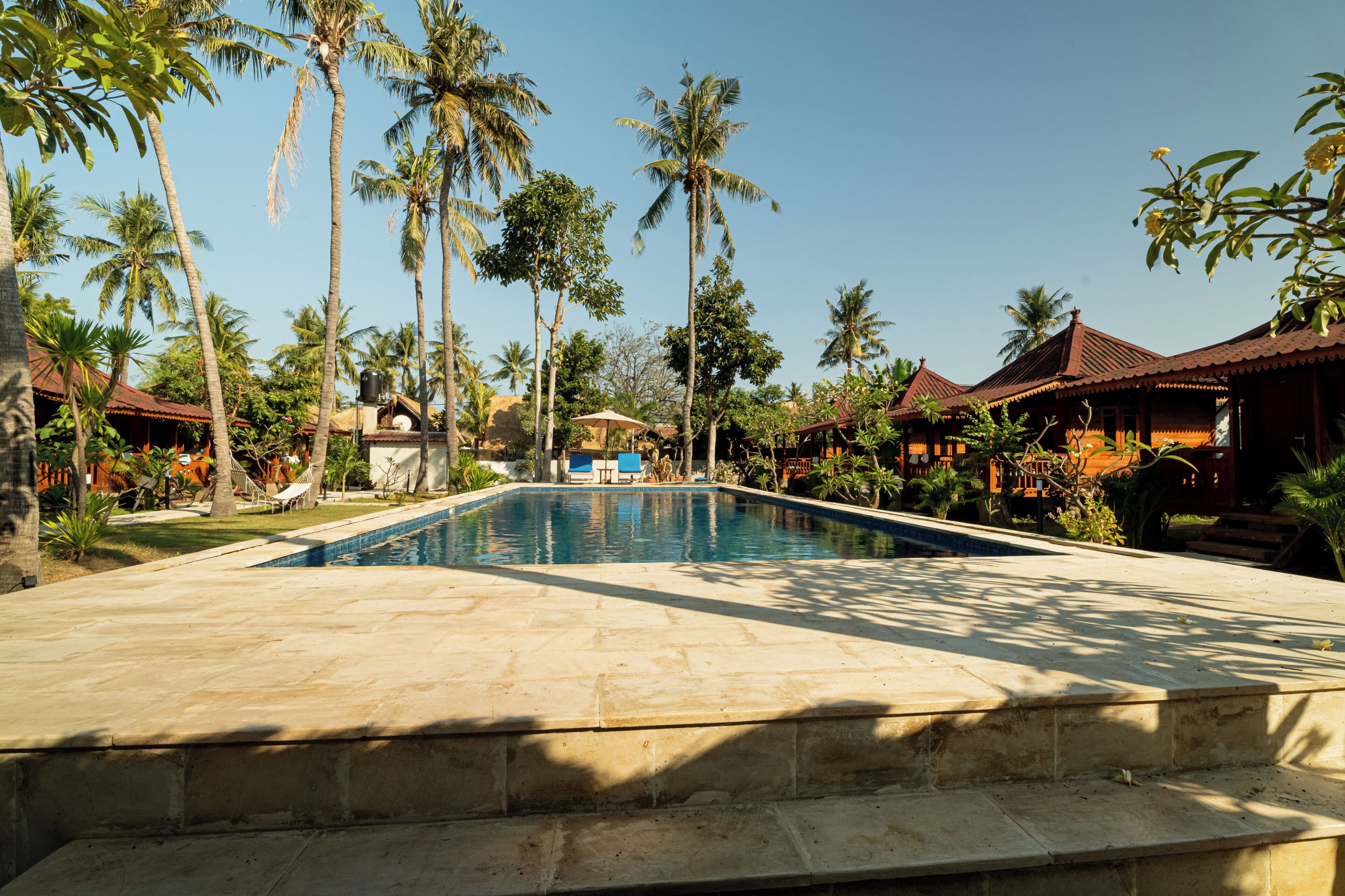 A swimming pool surrounded by palm trees and traditional architecture.
