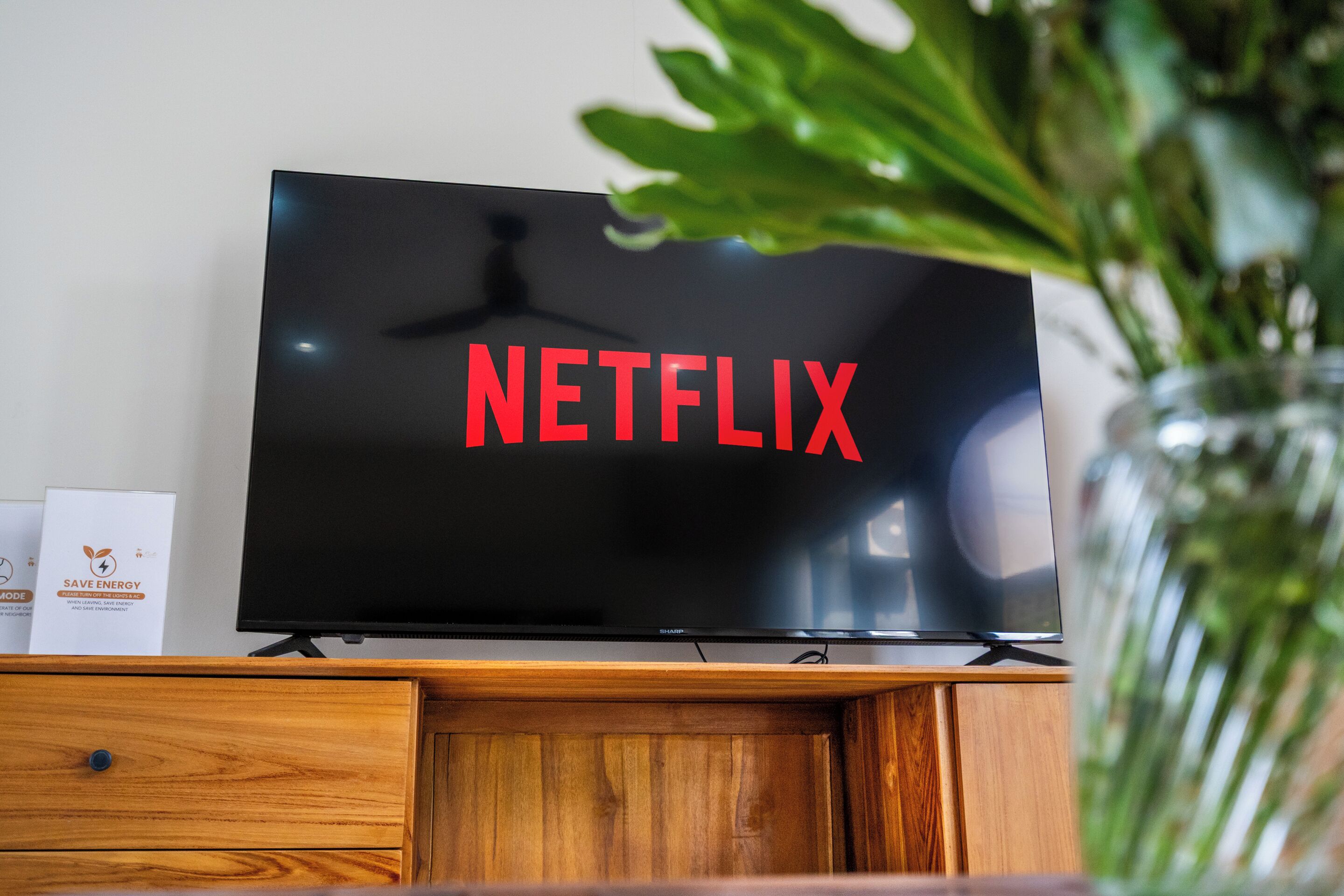 A television with the Netflix logo on its screen, placed on a wooden cabinet.