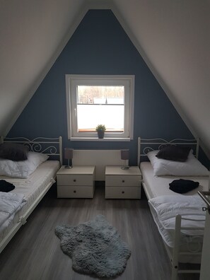 Une chambre avec deux lits, une fenêtre, une petite plante et un tapis en fourrure.