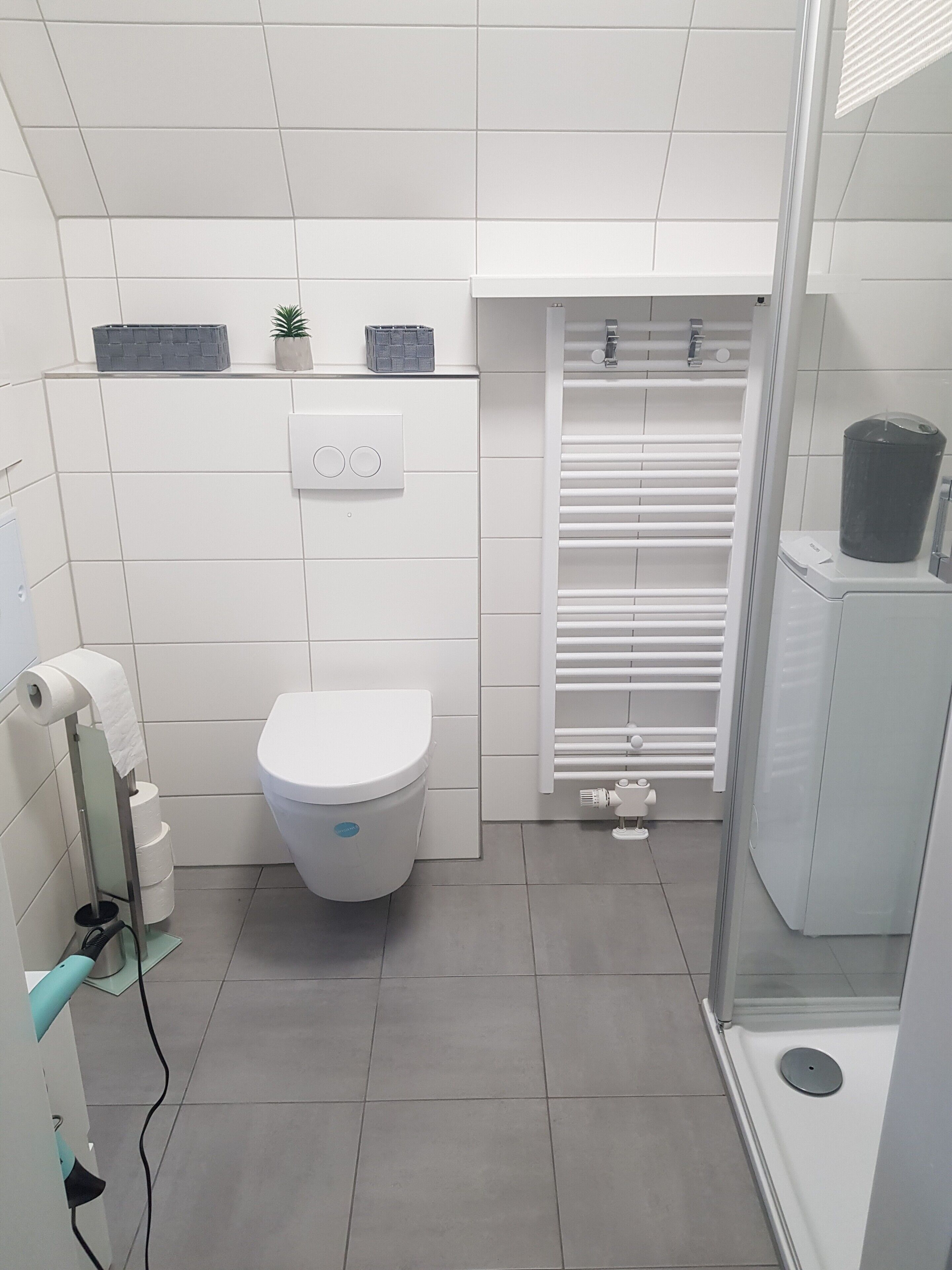 A bathroom with a toilet, a towel dispenser, a shower, and a radiator.