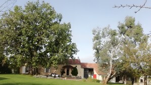 Una casa con techo de tejas rojas, rodeada de césped y árboles.