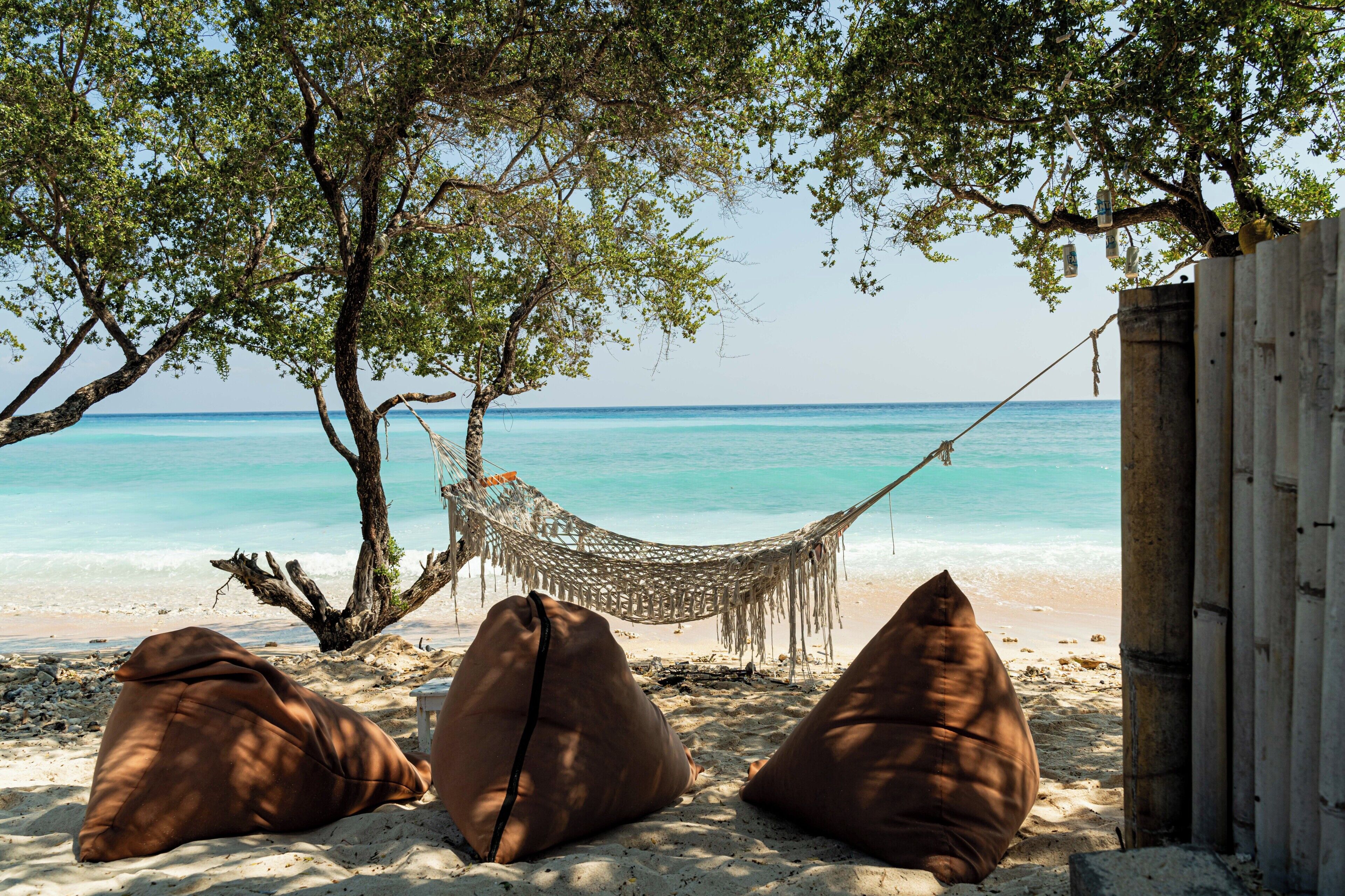 Un hamac est tendu entre deux arbres sur une plage de sable, offrant une vue sur l’océan.