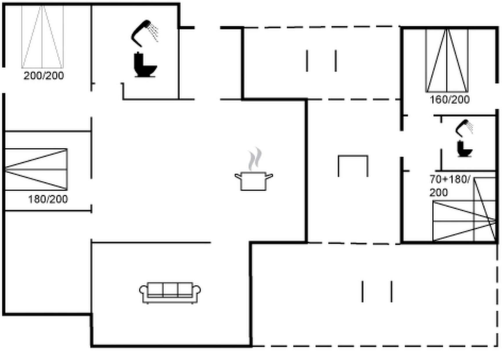 Een plattegrond met een keuken, een eetgedeelte en een woonkamer.