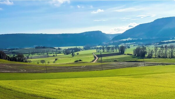 A rural landscape with fields, a dirt road, and distant mountains. - Casa Berrobiaenea (Lana)
