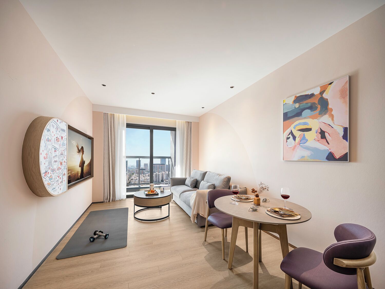 A modern living room with a sofa, a dining table, and a large window.