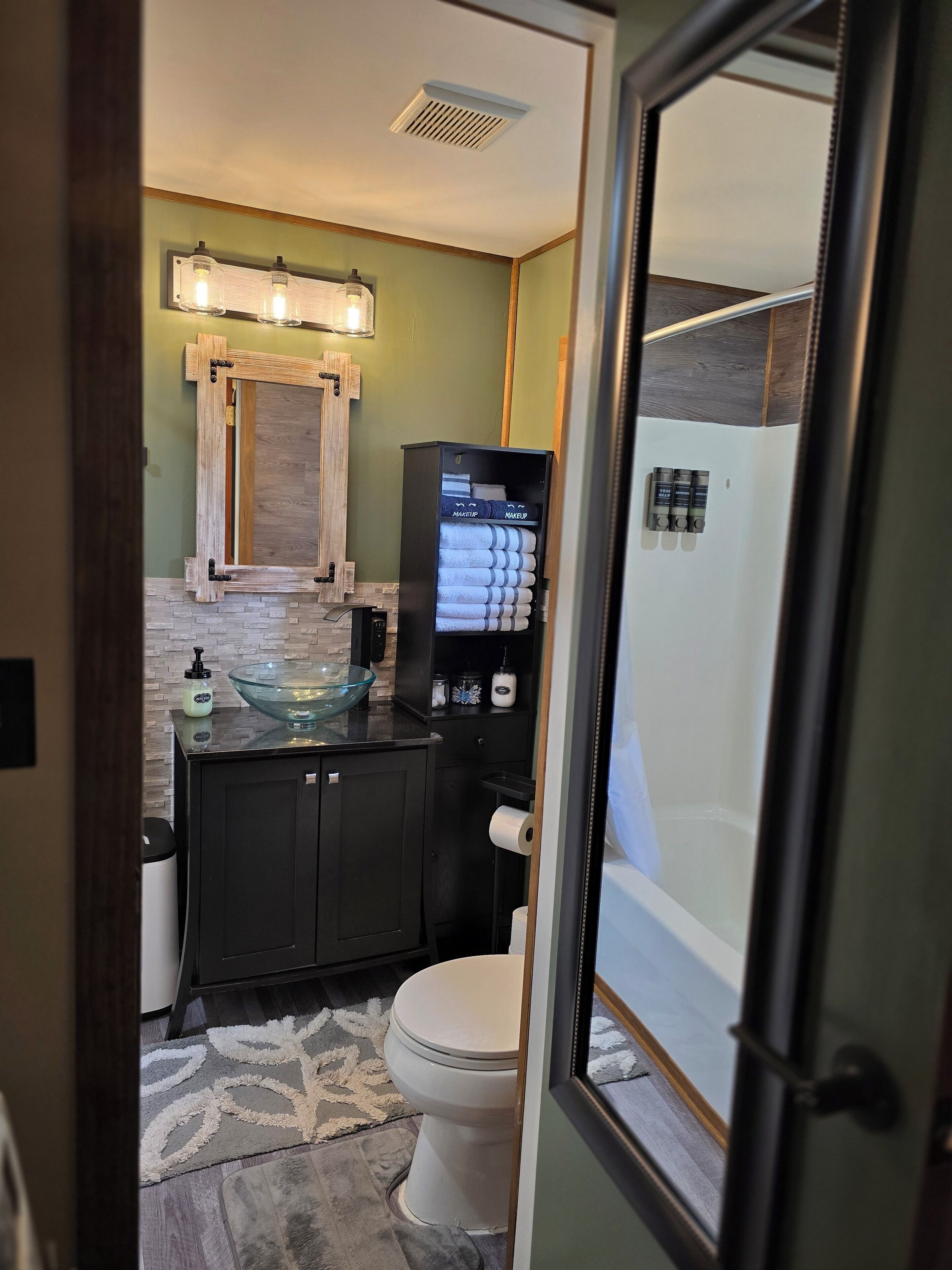 Hair dryer, towels, soap, shampoo
