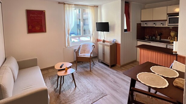 Un espacio habitable compacto con sofá, una mesita, una silla de mimbre, un área de cocina con microondas y una lámpara en el techo.